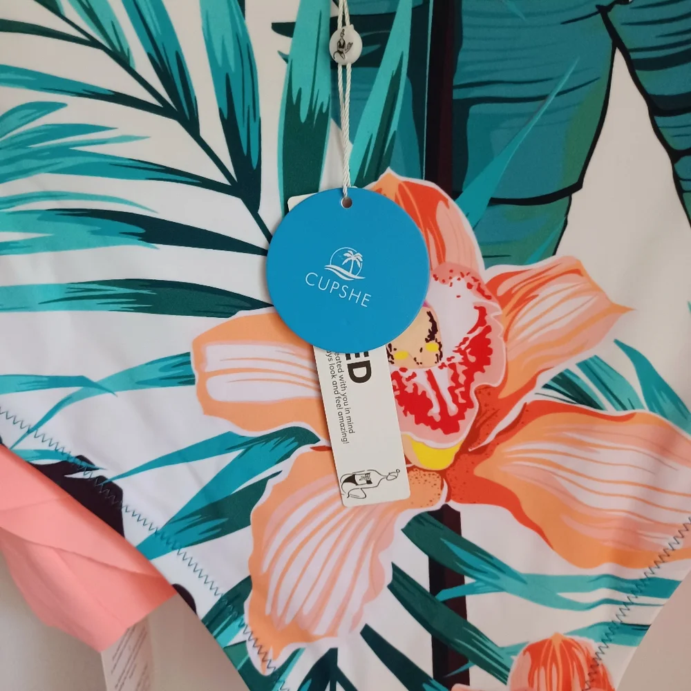 Neon Peach Swim Top And Tropical Print Bottoms - Picture 4 of 5